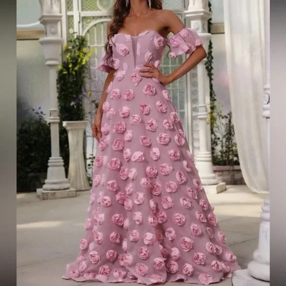 Luxe Pink off shoulder Applique party formal evening wedding dress - Picture 6 of 6